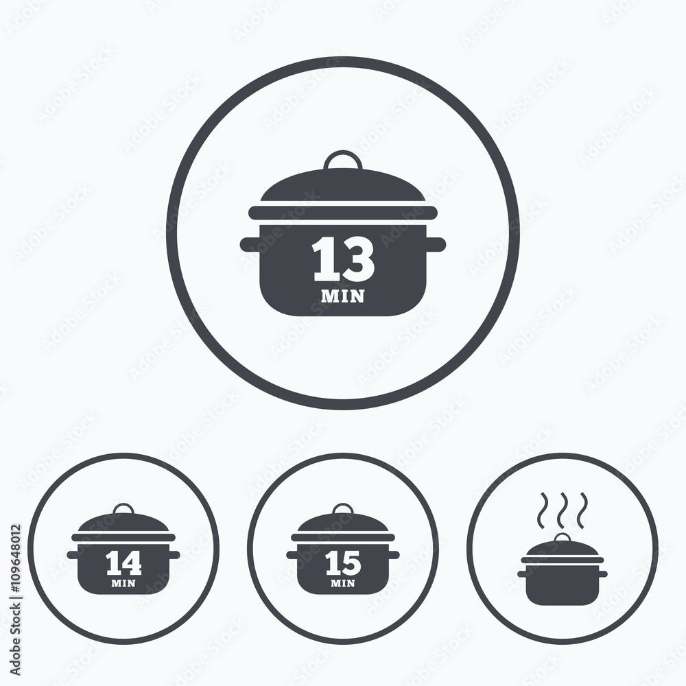 Cooking pan icons. Boil fifteen minutes. Cooking pan icons. Boil fifteen minutes.