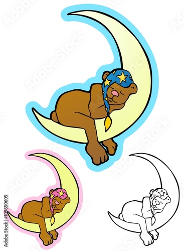 Cuddly bear sleeping on a crescent moon