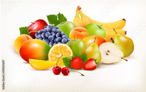 Fresh juicy fruit and berries isolated on white background. Vect
