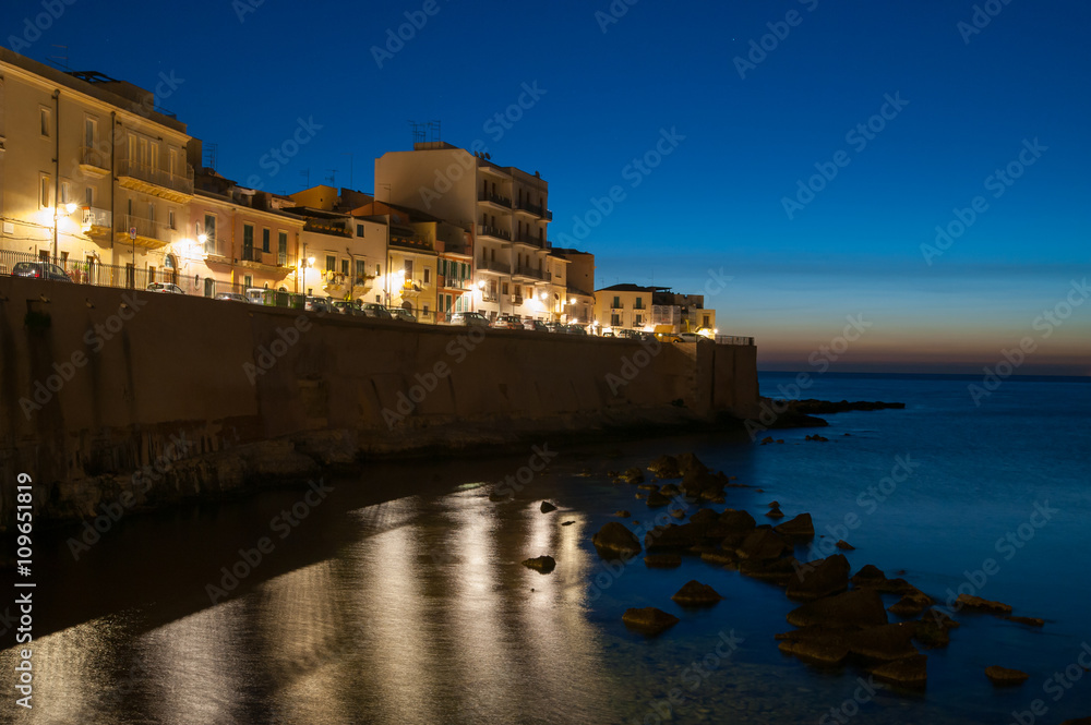 Ortigia by night: the eastern side of old Syracuse, Sicily, at dusk