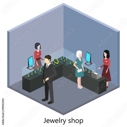 Isometric interior of jewelry shop
