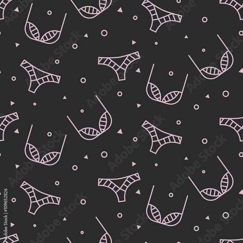Fashion sexy lingerie seamless pattern. Fine line woman lingerie dark grey and pink color vector pattern.