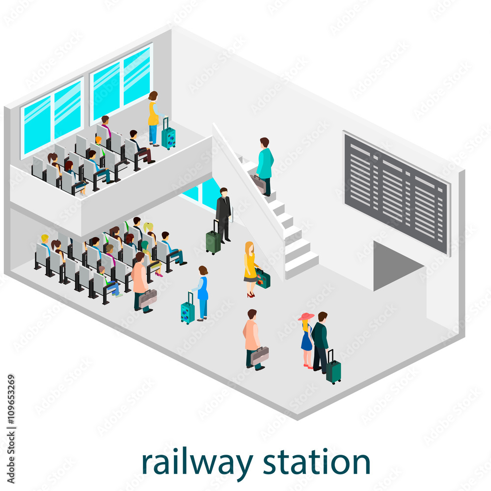 Obraz premium Isomeric interior of waiting hall in waiting hall or railway station.