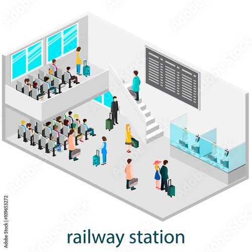 Isomeric interior of waiting hall in waiting hall or  railway station.
