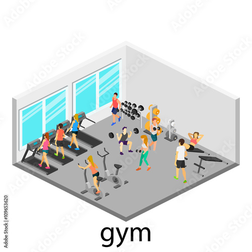 Isometric interior of gym. People involved in sports