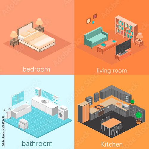 set of isometric interior rooms of the house.