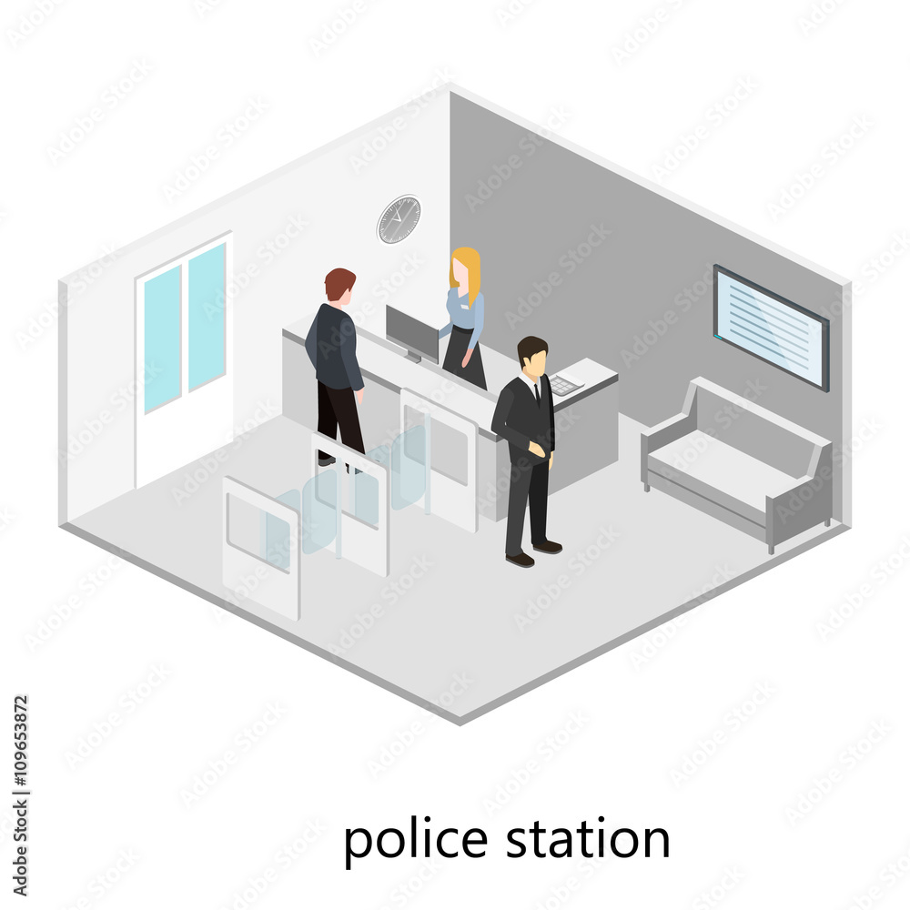 Isometric interior of police station. Isometric interior of police station.