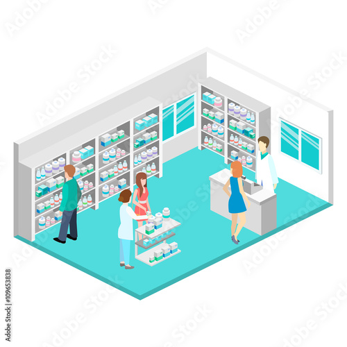 Isometric interior of pharmacy