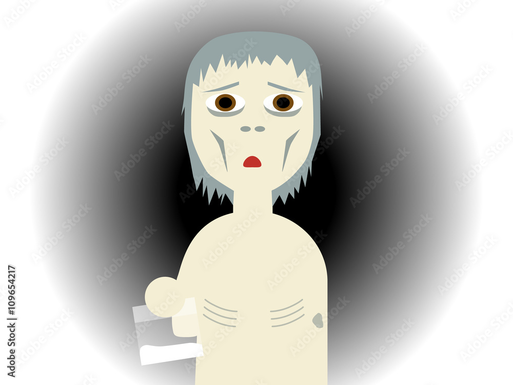 Flat vector illustration of a drug abused bony guy holding a plastic bag in which contains white powder