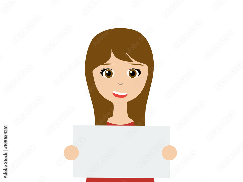Flat vector illustration of a smiling young asian woman holding a empty white board on which your own text can be put on. Flat vector illustration of a smiling young asian woman holding a empty white board on which your own text can be put on.