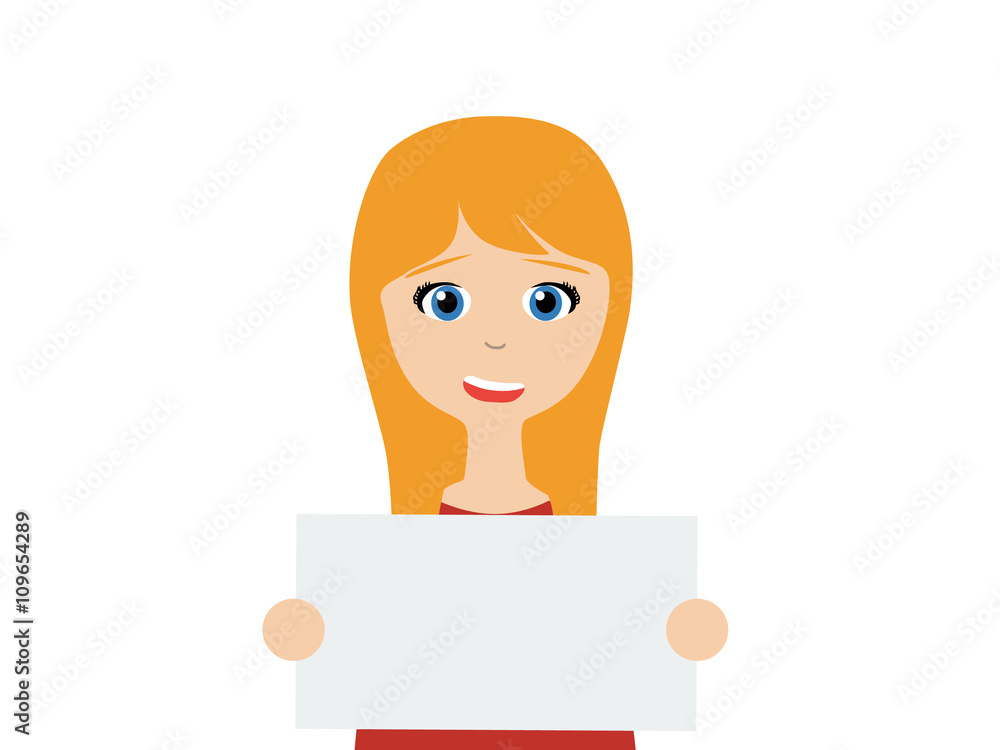Flat vector illustration of a smiling young caucasian woman holding a empty white board on which your own text can be put on. Flat vector illustration of a smiling young caucasian woman holding a empty white board on which your own text can be put on.