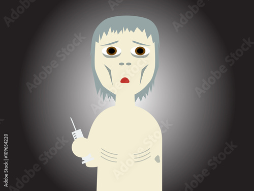 Flat vector illustration of a drug abused bony guy holding a syringe