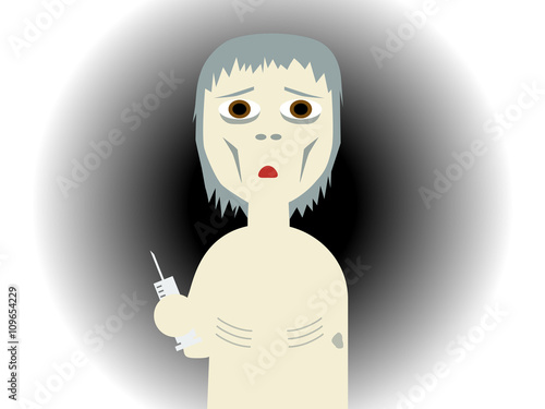 Flat vector illustration of a drug abused bony guy holding a syringe