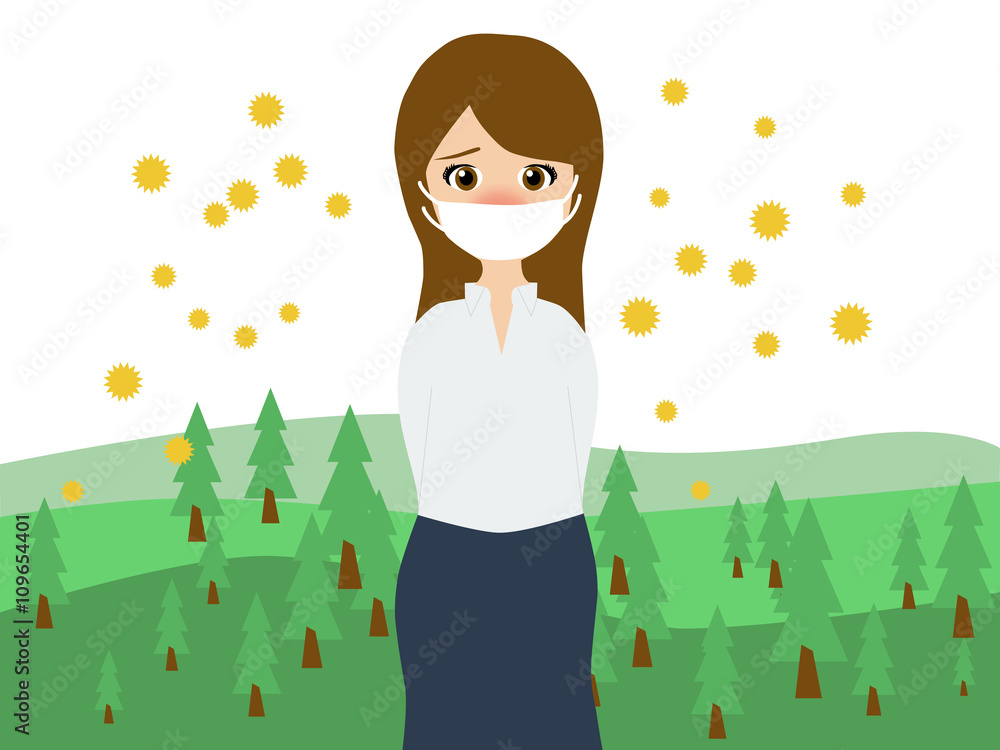 Flat vector illustration of a woman wearing a medical mask in trouble with the cedar pollen allergy in spring Flat vector illustration of a woman wearing a medical mask in trouble with the cedar pollen allergy in spring