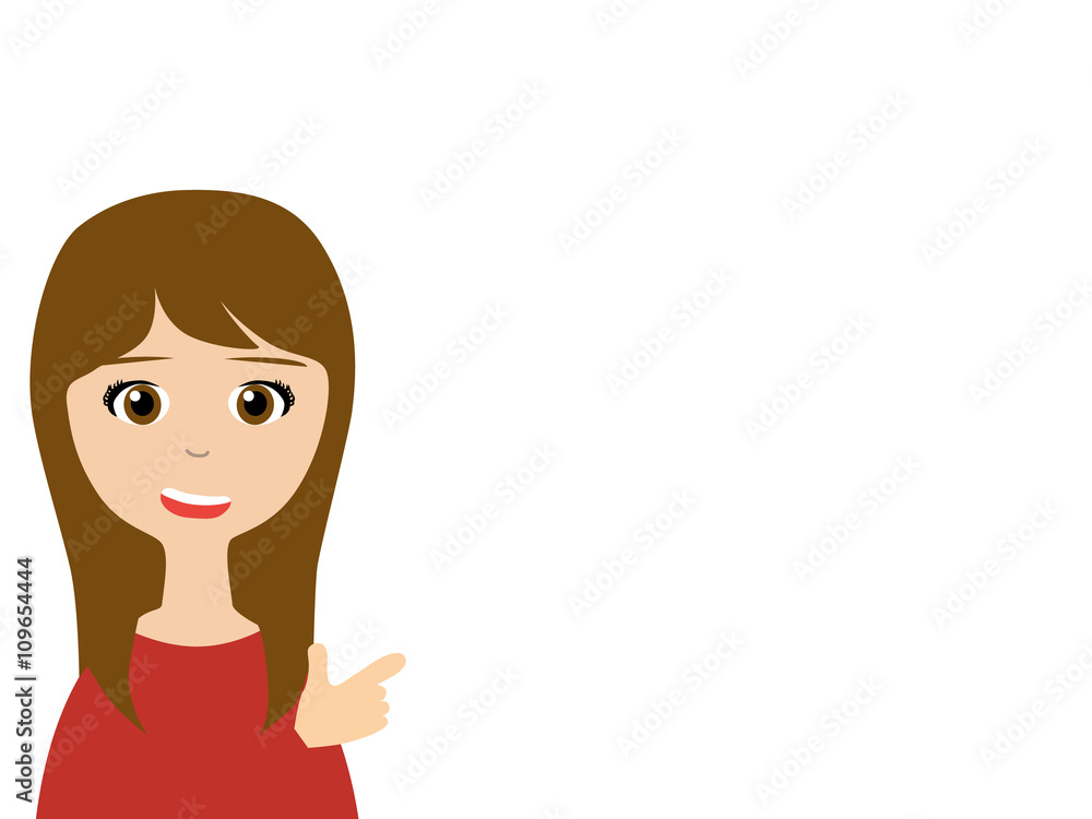 Flat vector illustration of a smiling saleswoman talking to you as pointing her finger Flat vector illustration of a smiling saleswoman talking to you as pointing her finger