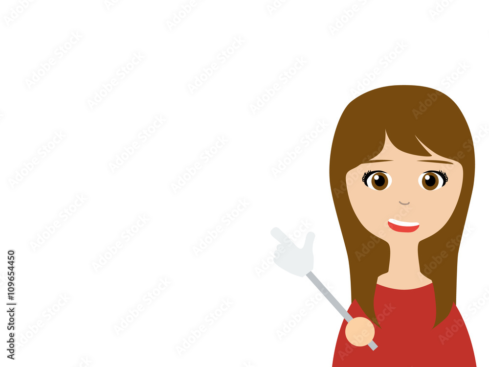 Flat vector illustration of a smiling saleswoman talking to you as pointing by using a hand shaped pointer Flat vector illustration of a smiling saleswoman talking to you as pointing by using a hand shaped pointer