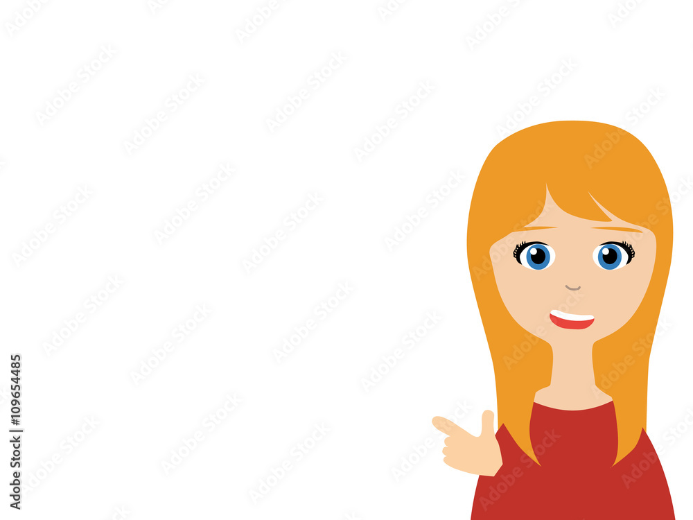 Flat vector illustration of a smiling saleswoman talking to you as pointing her finger Flat vector illustration of a smiling saleswoman talking to you as pointing her finger