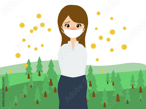 Flat vector illustration of a woman wearing a medical mask in trouble with the cedar pollen allergy in spring