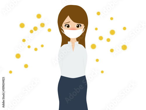 Flat vector illustration of a woman wearing a medical mask in trouble with the virus on white background
