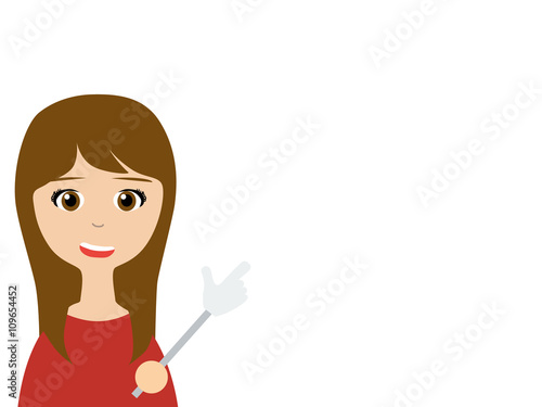 Flat vector illustration of a smiling saleswoman talking to you as pointing by using a hand shaped pointer