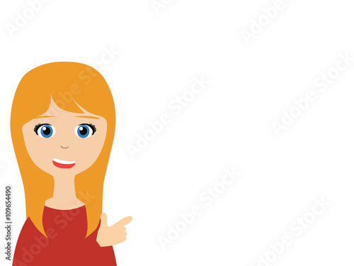 Flat vector illustration of a smiling saleswoman talking to you as pointing her finger