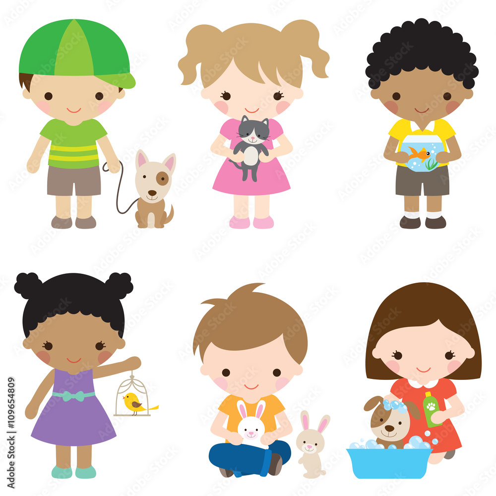 Vector illustration of children with pets including dog, cat, fish, bird, and rabbit. Vector illustration of children with pets including dog, cat, fish, bird, and rabbit.