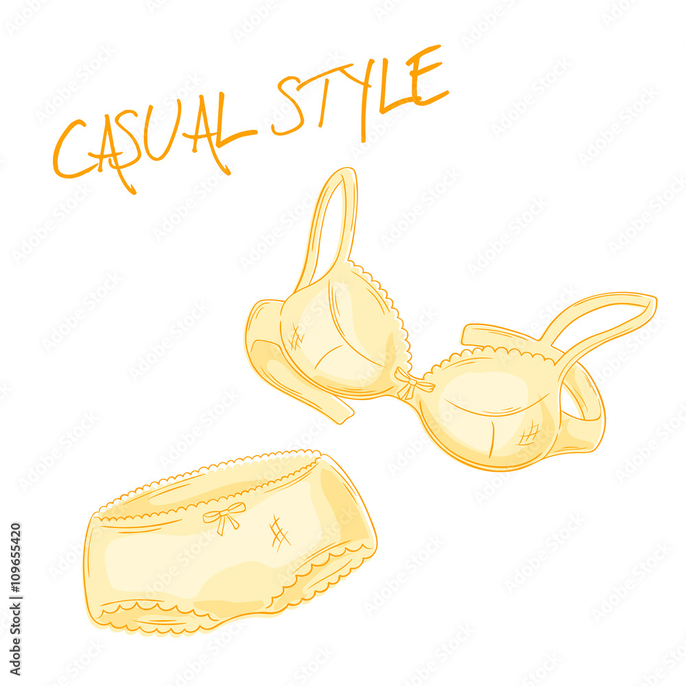 vector hand drawn yellow lace bra and panties isolated on white backdrop - obrazy, fototapety, plakaty 