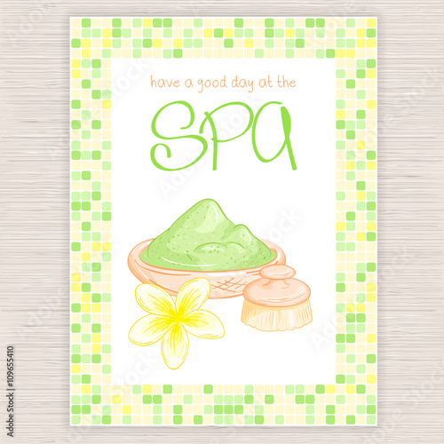 vector illustration of spa party invitation with colorful mosaic frame with clay, plumeria flower and body brush