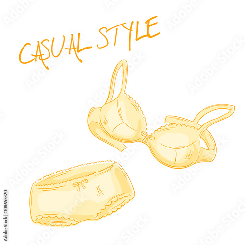 vector hand drawn yellow lace bra and panties isolated on white backdrop