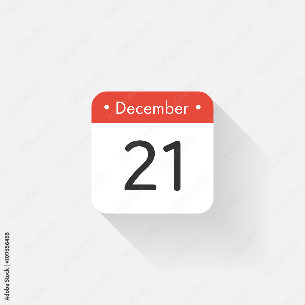 Calendar Icon with long shadow. Flat style. Date,day and month. Reminder. Vector illustration. Organizer application, app symbol. Ui. User interface sign. December. 21 Calendar Icon with long shadow. Flat style. Date,day and month. Reminder. Vector illustration. Organizer application, app symbol. Ui. User interface sign. December. 21