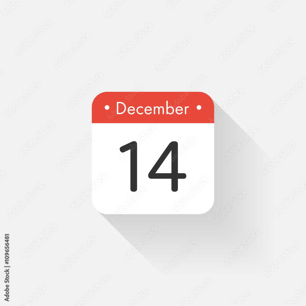 Calendar Icon with long shadow. Flat style. Date,day and month. Reminder. Vector illustration. Organizer application, app symbol. Ui. User interface sign. December. 14 Calendar Icon with long shadow. Flat style. Date,day and month. Reminder. Vector illustration. Organizer application, app symbol. Ui. User interface sign. December. 14