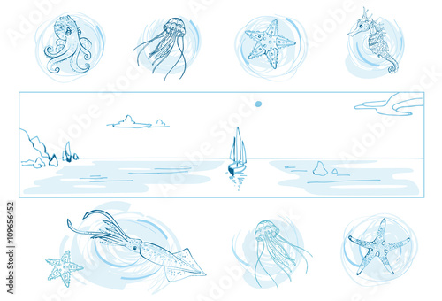Set of sea theme for your design: octopus, jellyfish, starfish, seahorse, squid, sea landscape with sailboat/Hand drawn the inhabitants of the underwater world and waterscape