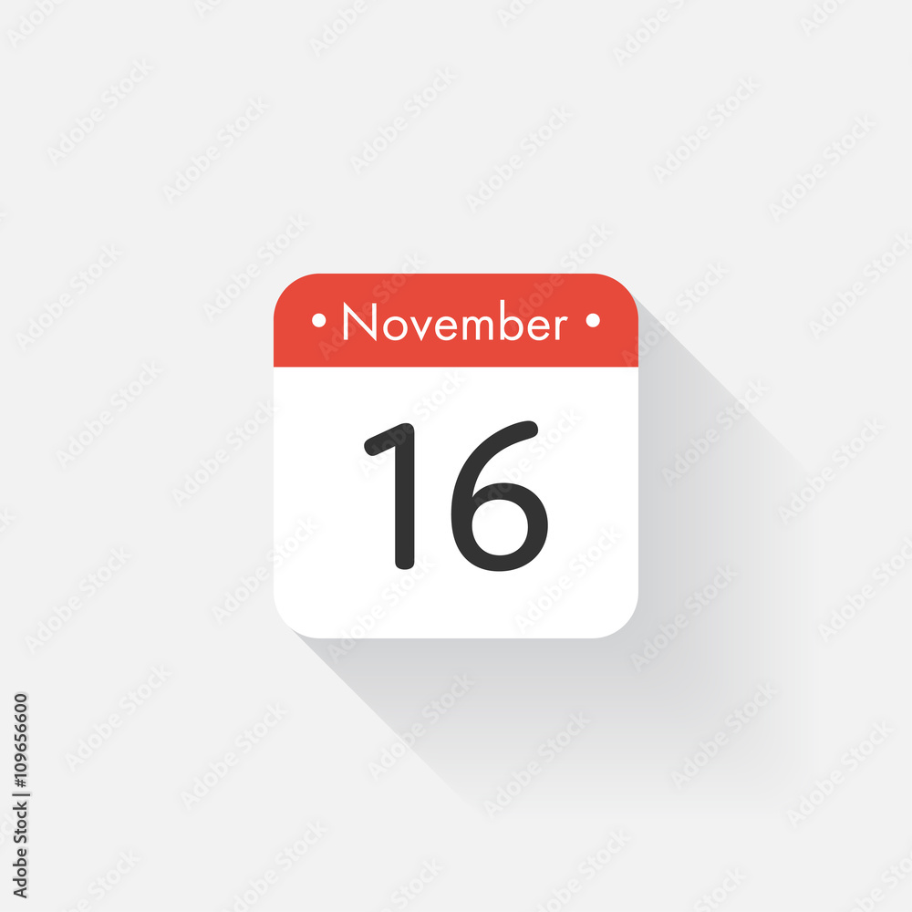 Calendar Icon with long shadow. Flat style. Date,day and month. Reminder. Vector illustration. Organizer application, app symbol. Ui. User interface sign. November. 16 Calendar Icon with long shadow. Flat style. Date,day and month. Reminder. Vector illustration. Organizer application, app symbol. Ui. User interface sign. November. 16