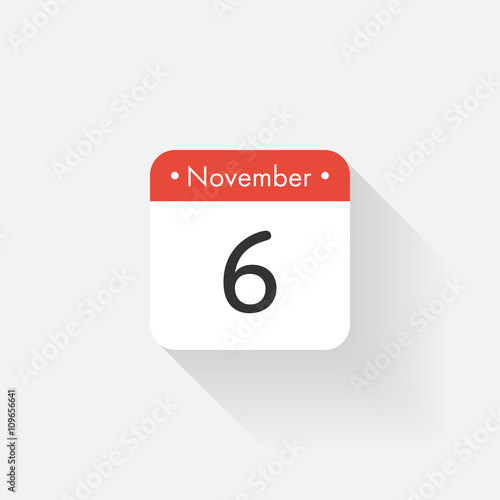 Calendar Icon with long shadow. Flat style. Date,day and month. Reminder. Vector illustration. Organizer application, app symbol. Ui. User interface sign. November. 6