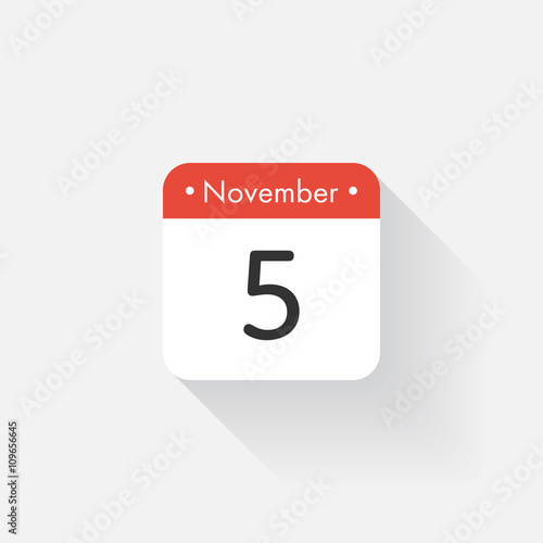 Calendar Icon with long shadow. Flat style. Date,day and month. Reminder. Vector illustration. Organizer application, app symbol. Ui. User interface sign. November. 5