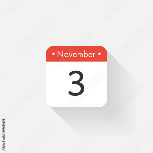 Calendar Icon with long shadow. Flat style. Date,day and month. Reminder. Vector illustration. Organizer application, app symbol. Ui. User interface sign. November. 3