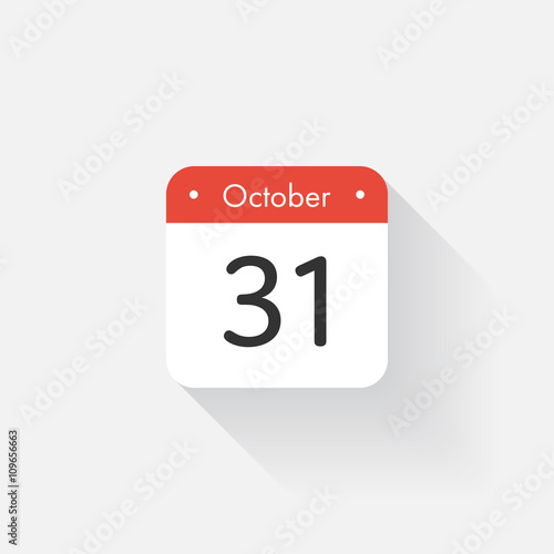 Calendar Icon with long shadow. Flat style. Date,day and month. Reminder. Vector illustration. Organizer application, app symbol. Ui. User interface sign.  October. 31