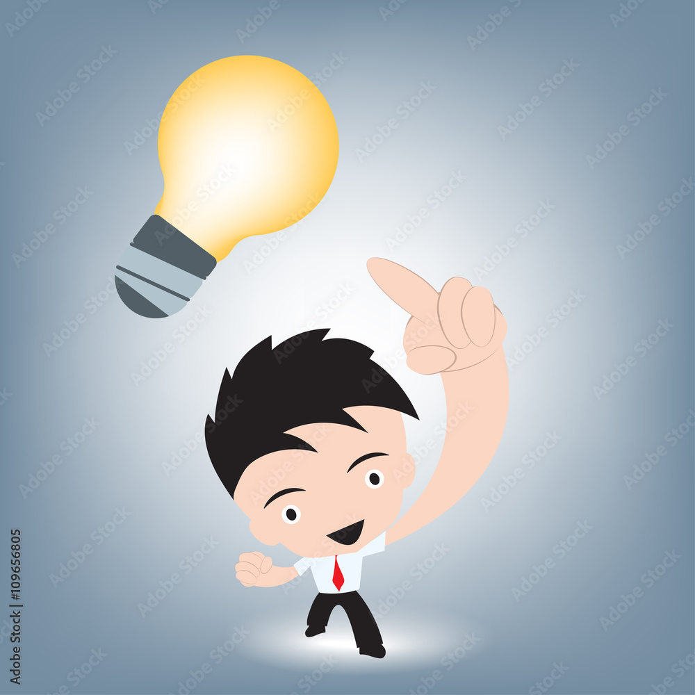 Businessman showing and pointing at creative idea, illustration vector in flat design Businessman showing and pointing at creative idea, illustration vector in flat design