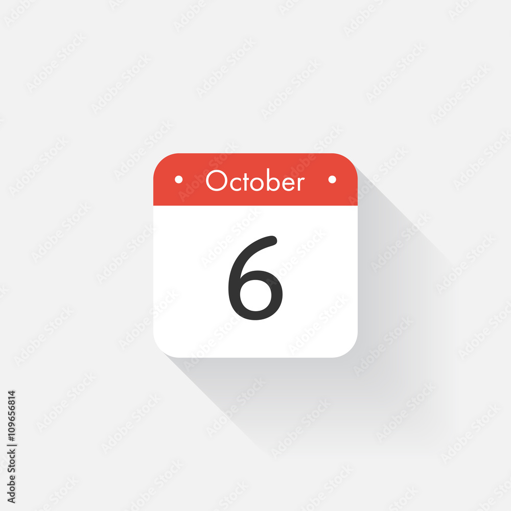 Calendar Icon with long shadow. Flat style. Date,day and month. Reminder. Vector illustration. Organizer application, app symbol. Ui. User interface sign. October. 6 Calendar Icon with long shadow. Flat style. Date,day and month. Reminder. Vector illustration. Organizer application, app symbol. Ui. User interface sign. October. 6