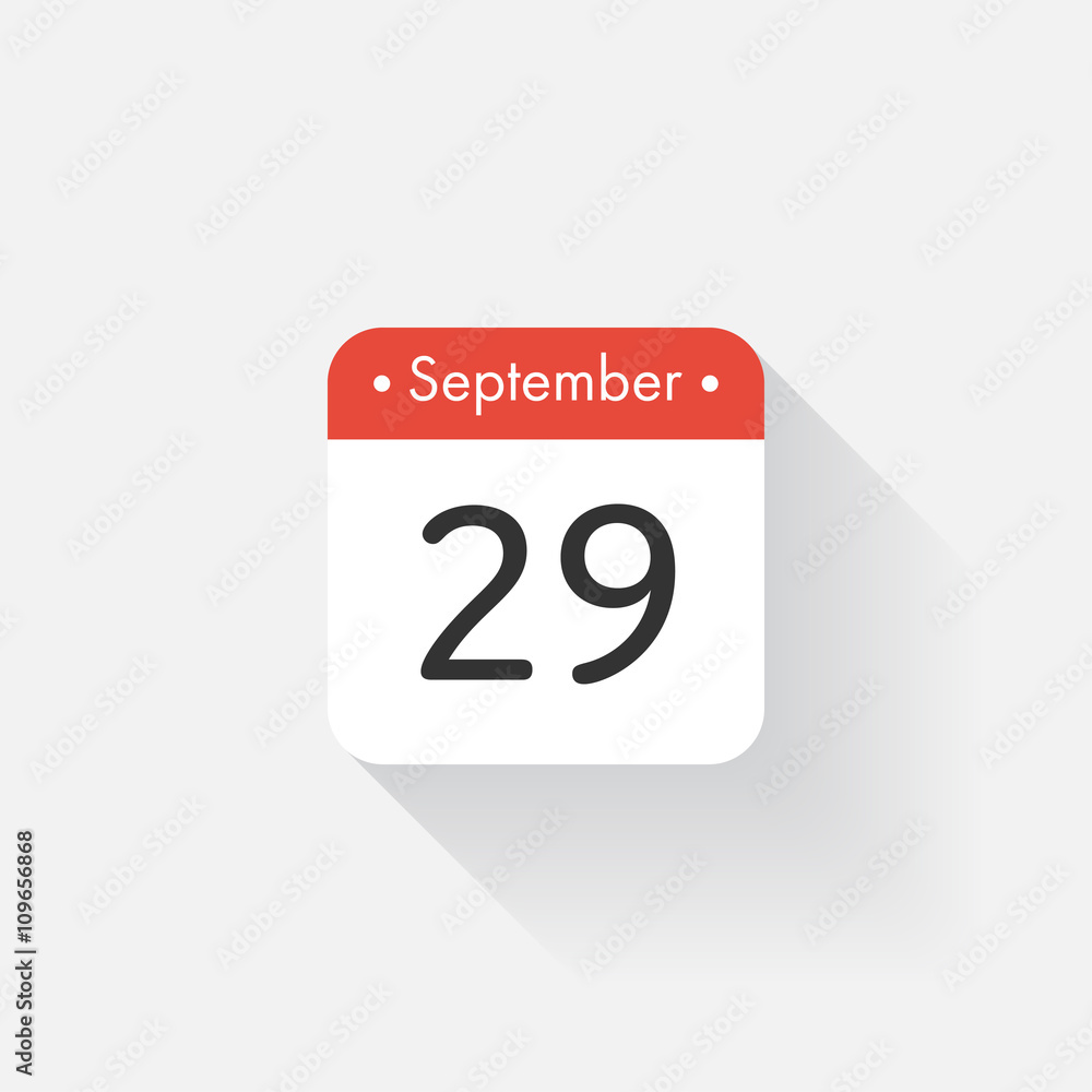 Calendar Icon with long shadow. Flat style. Date,day and month. Reminder. Vector illustration. Organizer application, app symbol. Ui. User interface sign. September. 29 Calendar Icon with long shadow. Flat style. Date,day and month. Reminder. Vector illustration. Organizer application, app symbol. Ui. User interface sign. September. 29