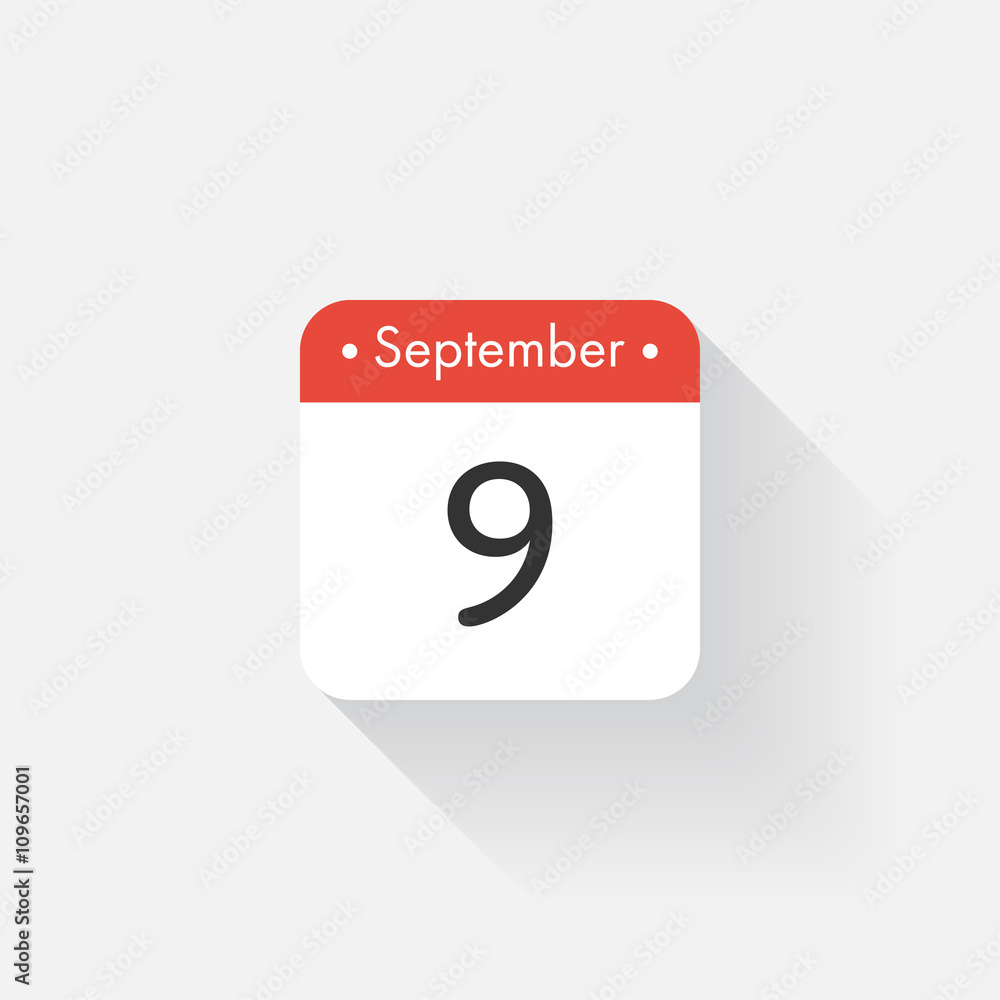 Calendar Icon with long shadow. Flat style. Date,day and month. Reminder. Vector illustration. Organizer application, app symbol. Ui. User interface sign. September. 9 Calendar Icon with long shadow. Flat style. Date,day and month. Reminder. Vector illustration. Organizer application, app symbol. Ui. User interface sign. September. 9