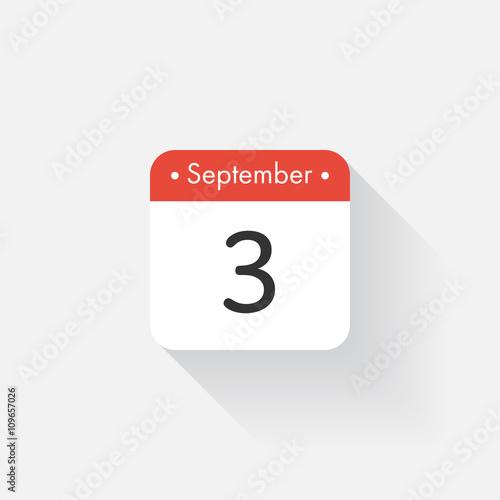 Calendar Icon with long shadow. Flat style. Date,day and month. Reminder. Vector illustration. Organizer application, app symbol. Ui. User interface sign. September. 3