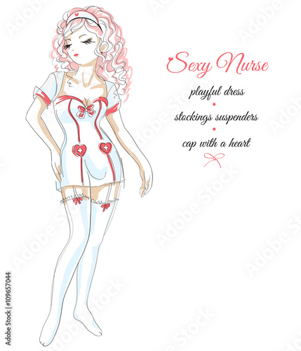Young sexy nurse, colored sketch, graphic/The girl in nurse costume, bonnet, stockings, suspenders, sexy underwear