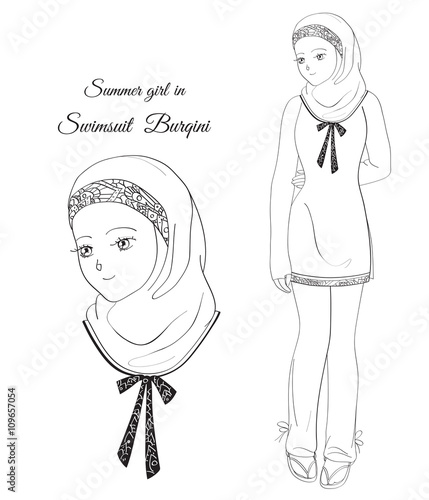 Girl in Swimsuit Burqini/Linear vector image of a girl in a swimsuit Burqini - a full-length and approximate portrait