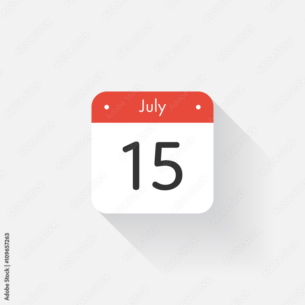 Calendar Icon with long shadow. Flat style. Date,day and month. Reminder. Vector illustration. Organizer application, app symbol. Ui. User interface sign. July. 15 Calendar Icon with long shadow. Flat style. Date,day and month. Reminder. Vector illustration. Organizer application, app symbol. Ui. User interface sign. July. 15