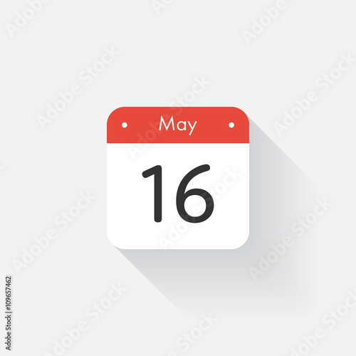 Calendar Icon with long shadow. Flat style. Date,day and month. Reminder. Vector illustration. Organizer application, app symbol. Ui. User interface sign. May. 16