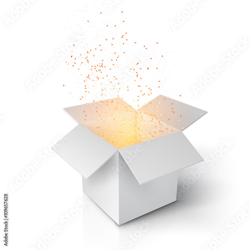 Illustration of Realistic Magic Open Box. Grey Magic Box with Confetti and Magic Light. Magic Gift Box Isolated on White Background