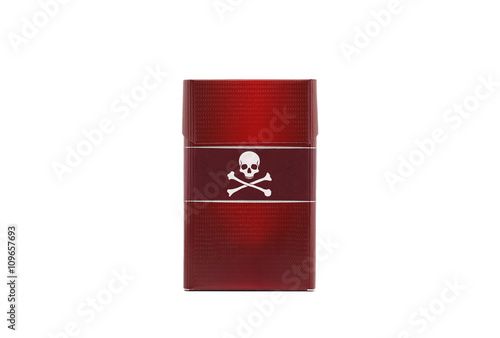Red cigarette pack with a skull and crossbones logo