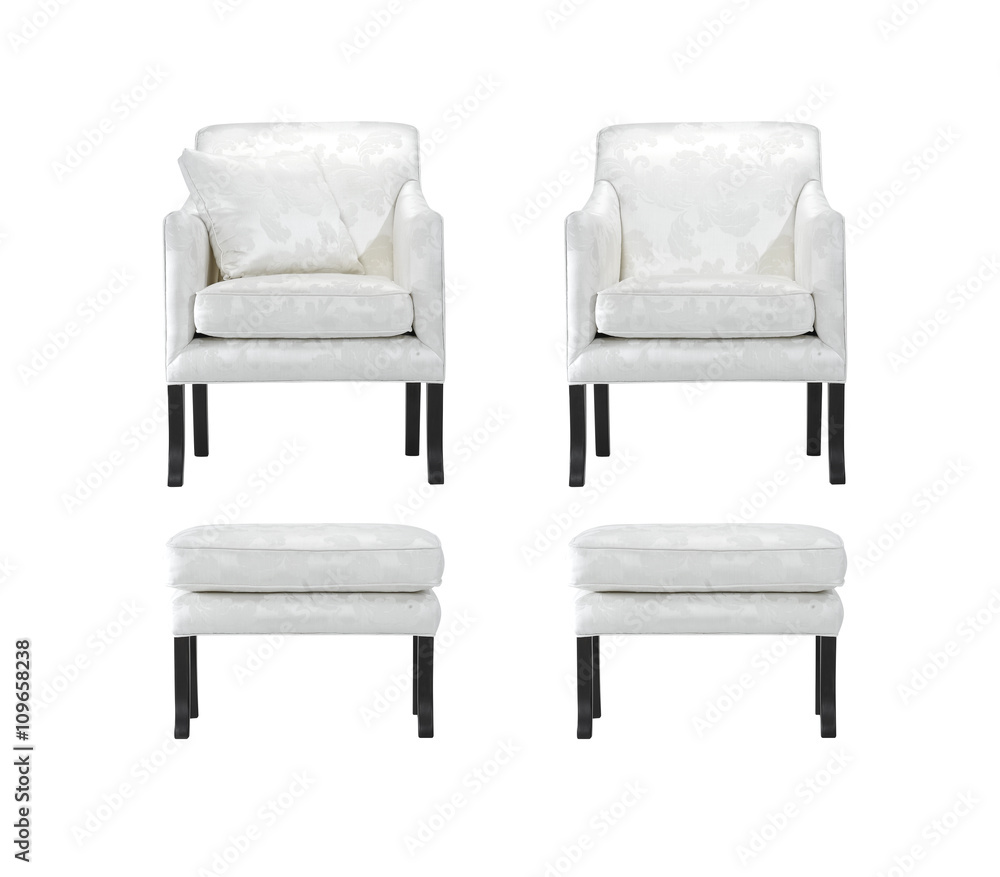 White armchairs and stools isolated with clipping mask.
White armchairs and stools isolated with clipping mask.