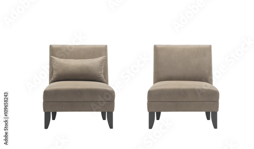 Brown armchairs with and without pillow, isolated with clipping mask. 